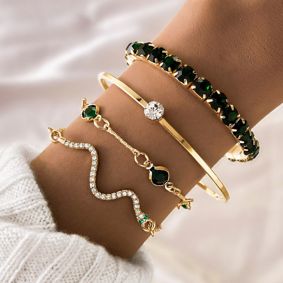 Fashion Green Grandmother Diamond Stretch Bracelet Women's 4-piece Set - ZA-ZOLA