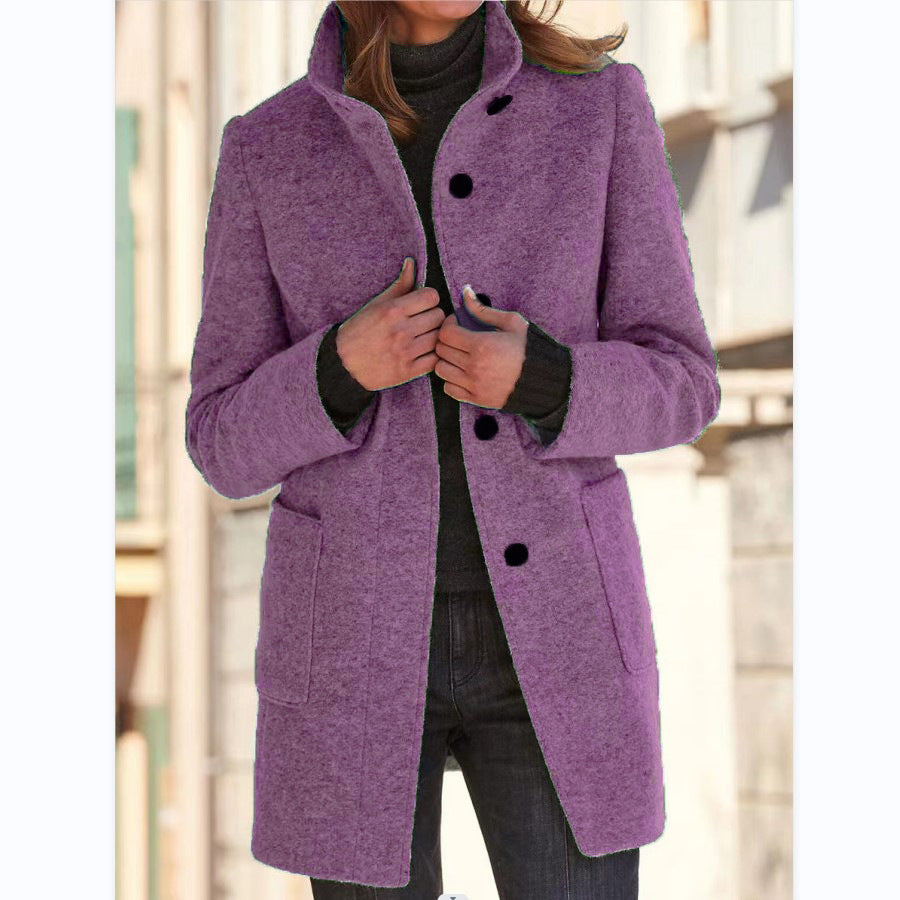 Fashion Stand Collar Woolen Coat with Pockets – Women’s Casual Fall & Winter Outwear