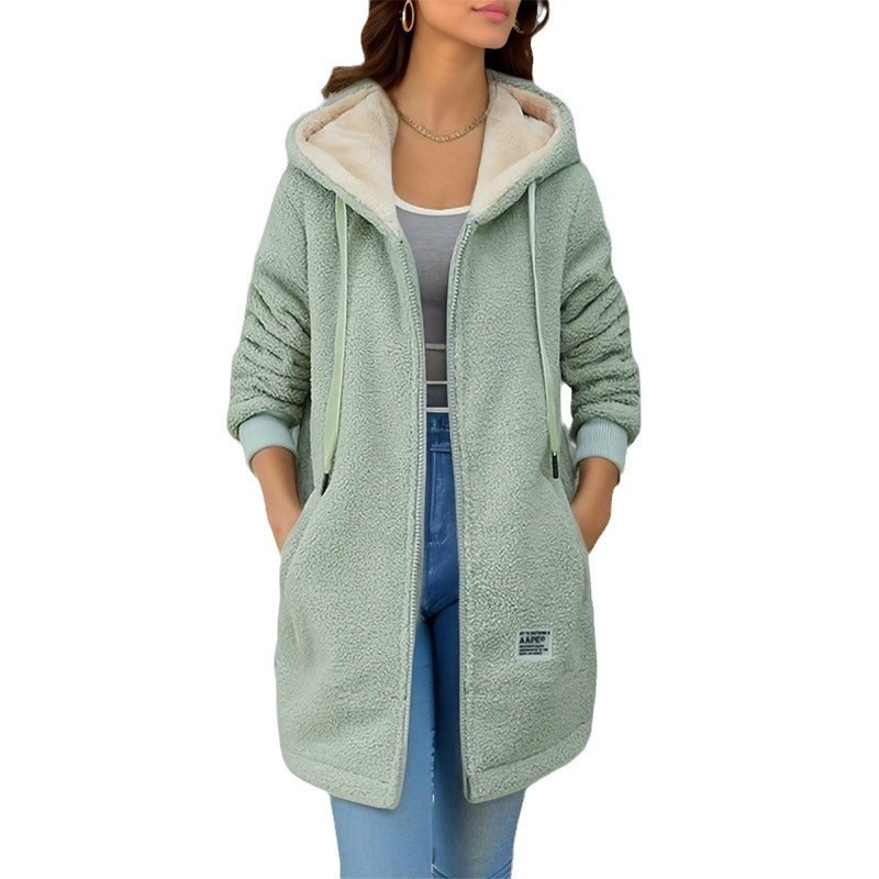 Fleece-Lined Mid-Length Cashmere Hoodie – Warm & Stylish Winter Wear for Women