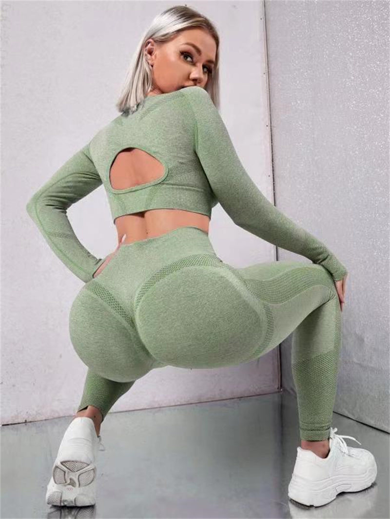 2pcs Sports Suit – Long Sleeve Hollow Design Top & Butt Lifting High Waist Seamless Leggings