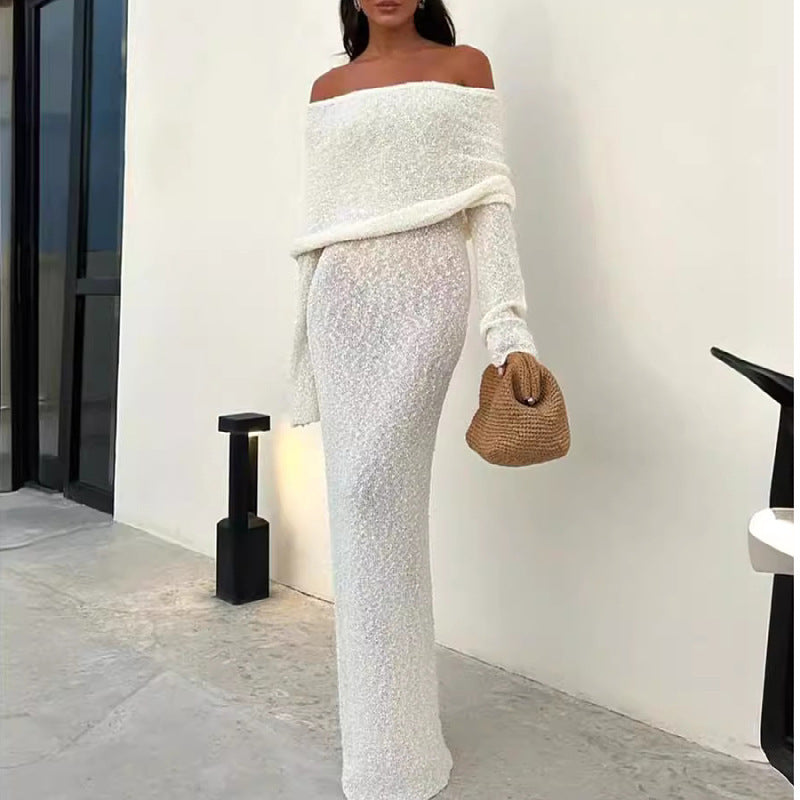 French-Style One-Shoulder Knitted Dress – Elegant Party & Beach Long-Sleeve Dress | Fall & Winter Fashion | UK & USA