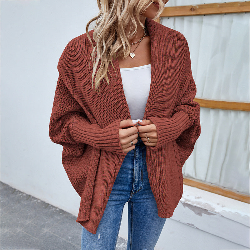 New Loose Knitted Bat Sleeve Sweater – Solid Color Large Lapel Cardigan for Women