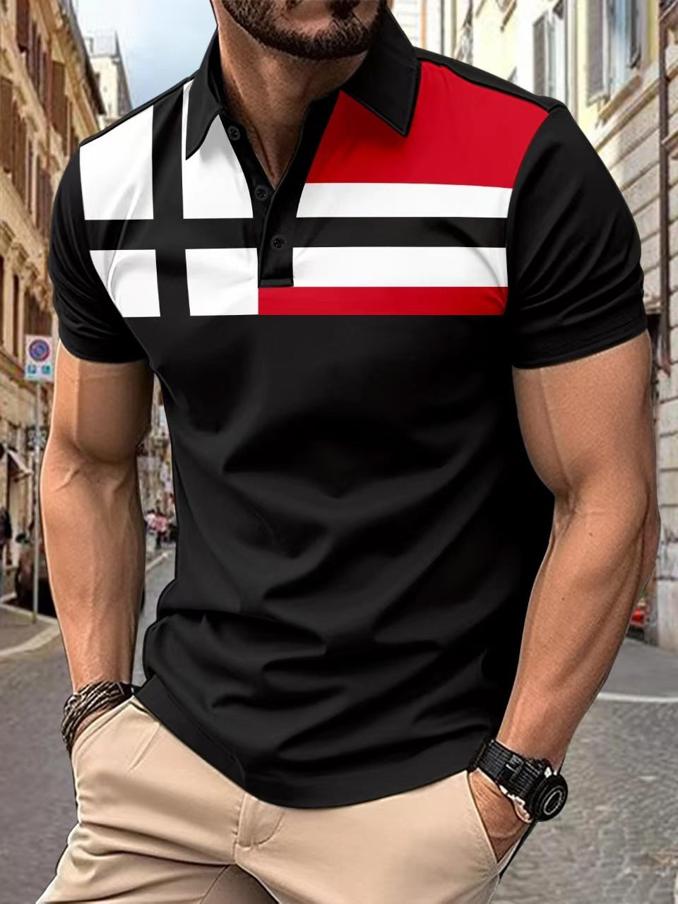 Men's Striped Printed Casual TopProduct information:
 
 Pattern: stripes
 
 Color: red, yellow, blue
 
 Details of clothing style: Patch
 
 Size: S,M,L,XL,XXL,XXXL
 
 Main fabric composition: PolyeTopZA-ZOLAZA-ZOLAStriped Printed Casual Top