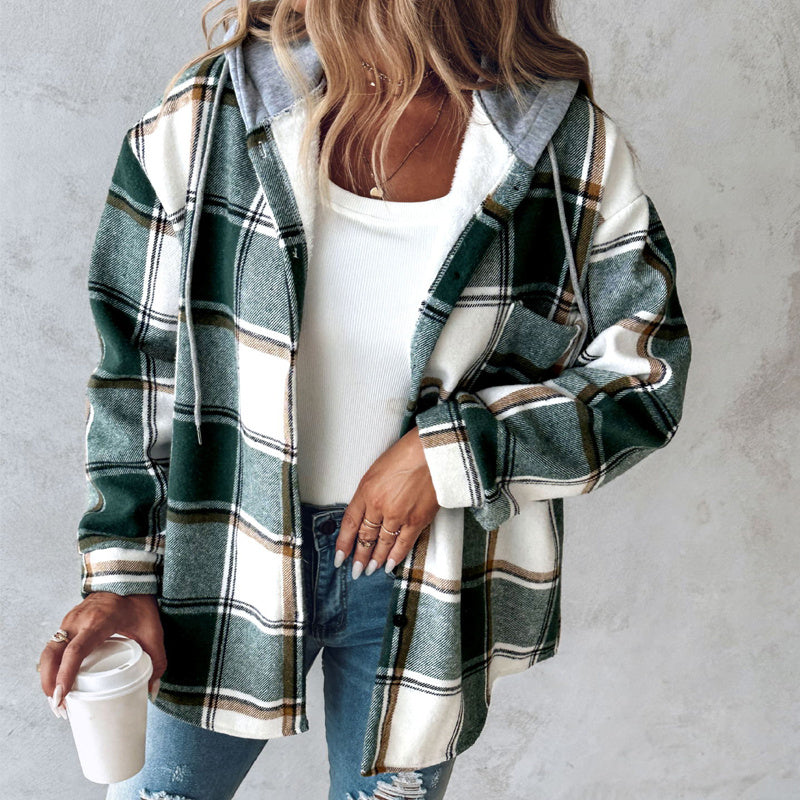 European & American Fashion Women’s Solid Color Plaid Hooded Jacket