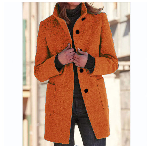 Fashion Stand Collar Woolen Coat with Pockets – Women’s Casual Fall & Winter Outwear