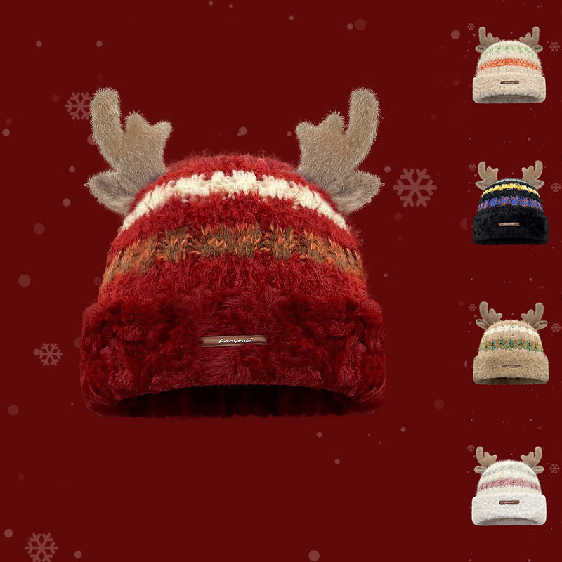 Christmas Knitted Hat with Deer Antlers – Winter Warm Thick Beanie for Women & Girls - ZA-ZOLA