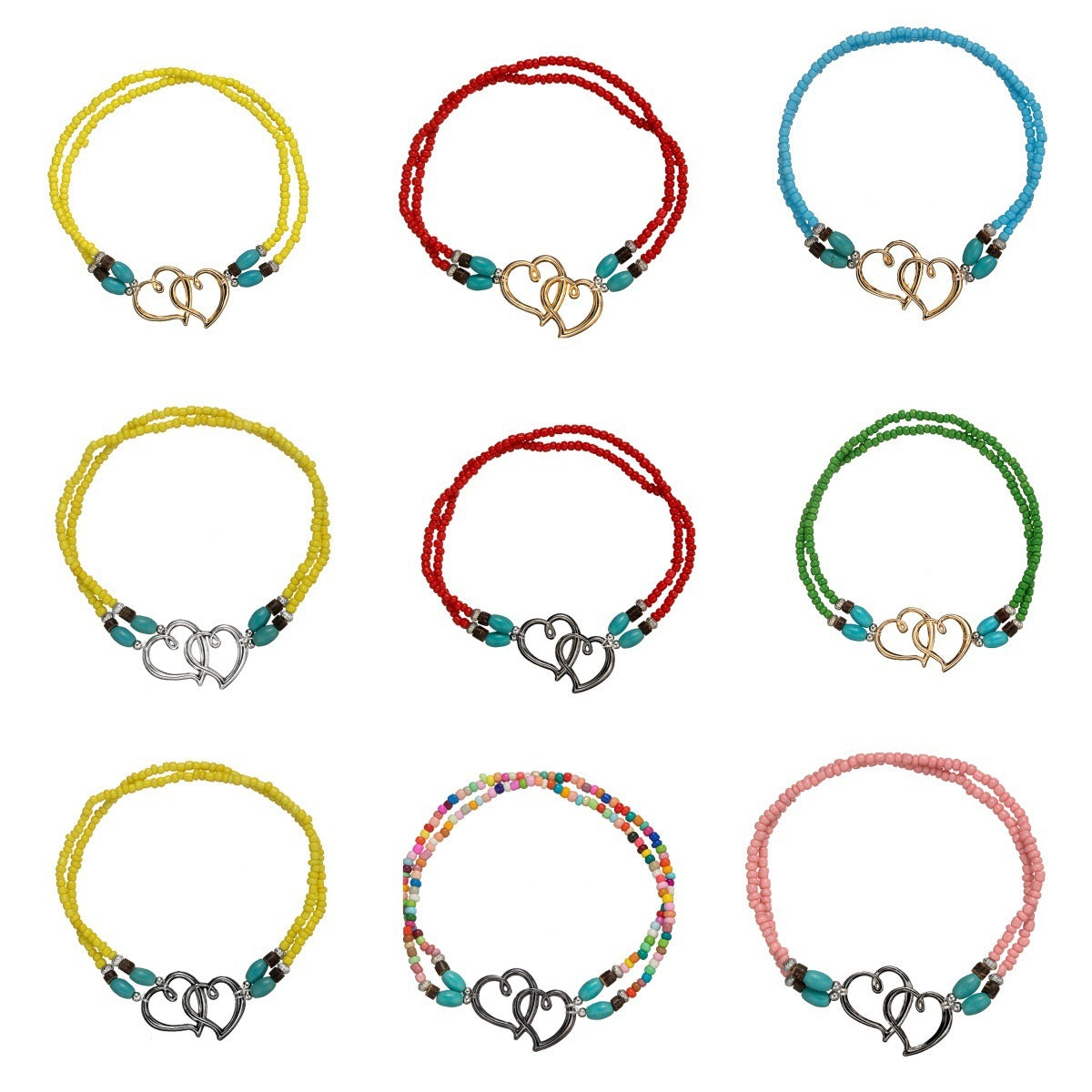 Fashion Vacation Style Alloy Double Heart Bead Turquoise Double Elastic Anklet - ZA-ZOLA