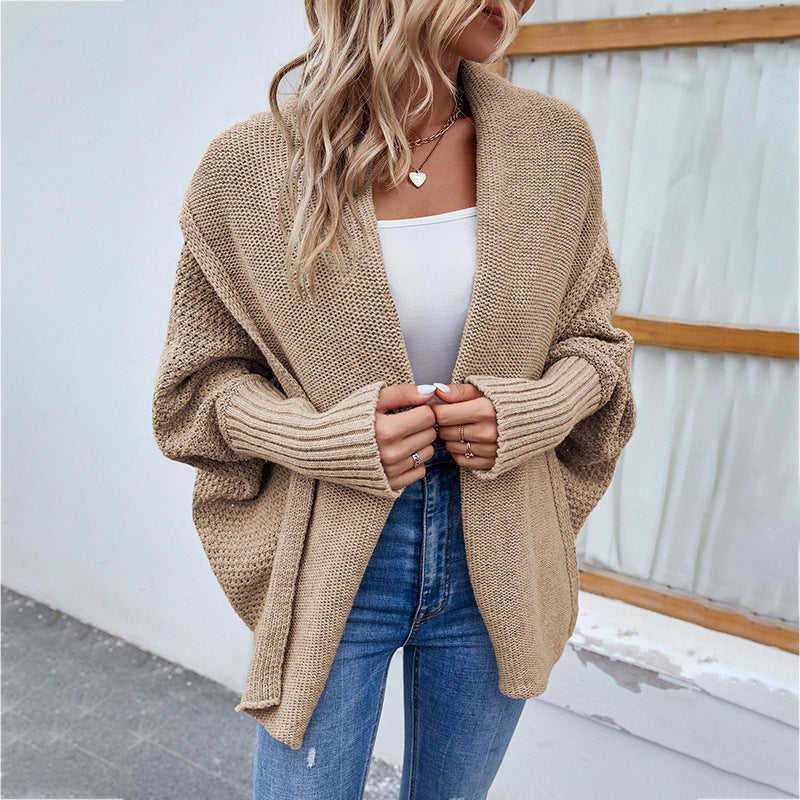 New Loose Knitted Bat Sleeve Sweater – Solid Color Large Lapel Cardigan for Women