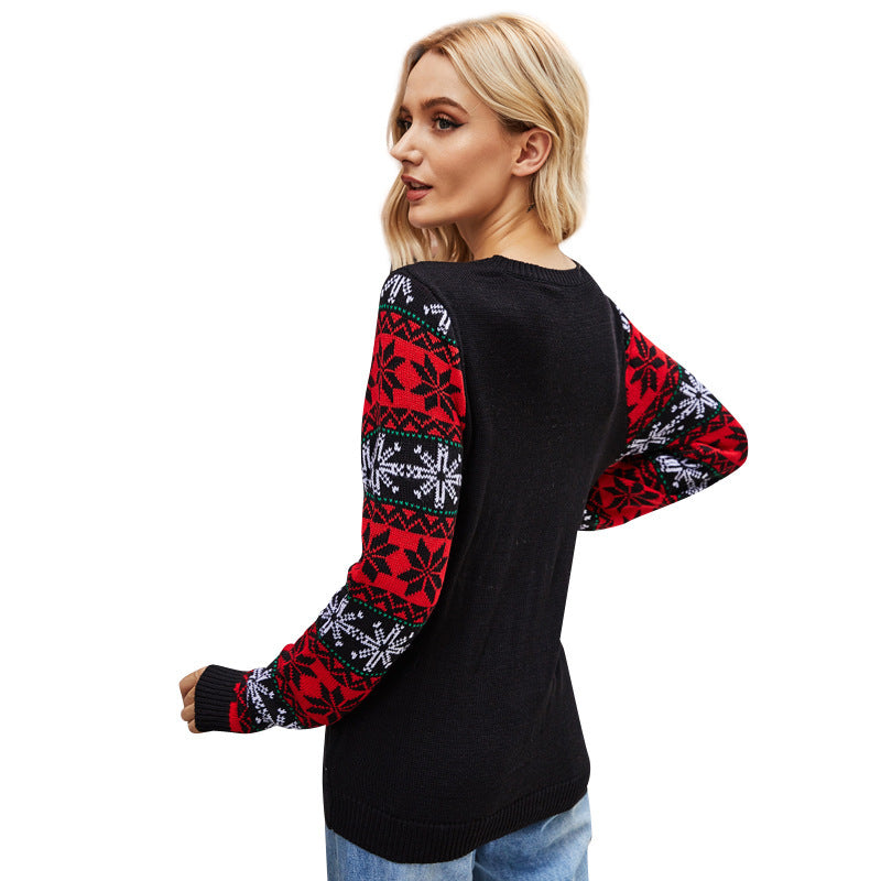 Santa Embroidered Crew Neck Knit Sweater – Festive Holiday Knitwear for Women - ZA-ZOLA