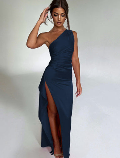 Sexy One-Shoulder Backless Slit Dress – Elegant Slim-Fit Satin Summer Outfit for Women | UK & USA Fashion