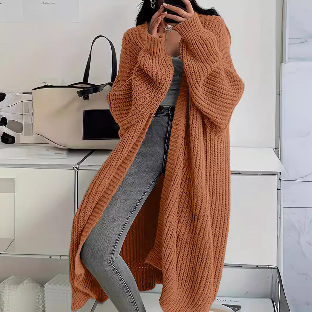 Knitted Long Cardigan with Pockets – Fashion Lantern-Sleeved Coat for Women