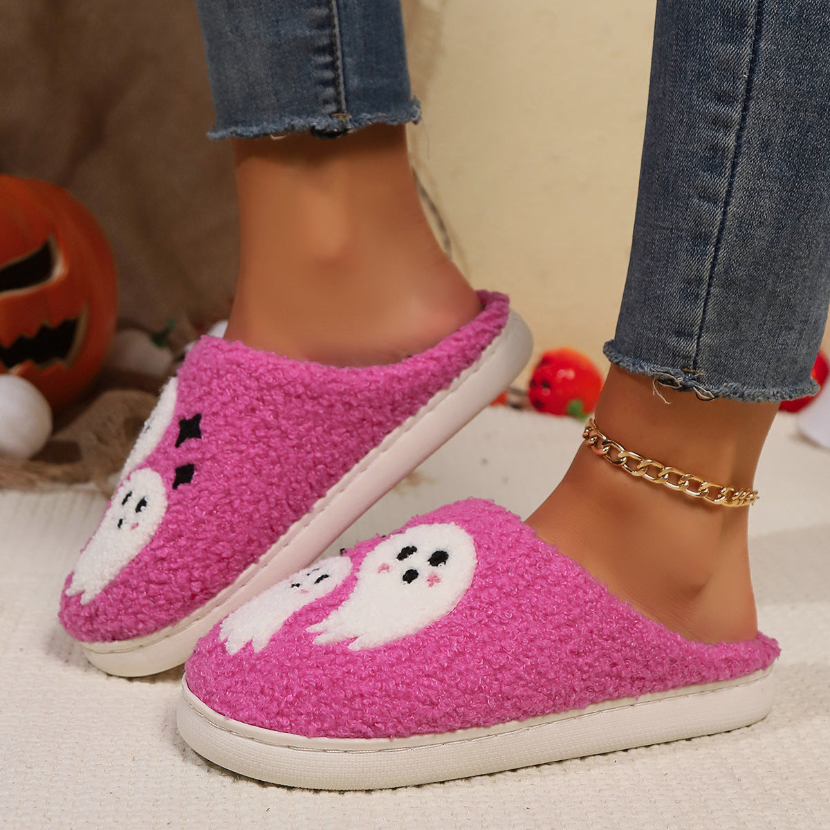 Halloween Cartoon Ghost Cotton Slippers For Women Indoor Non-slip Bedroom Floor Slipper Winter House Shoes - ZA-ZOLA