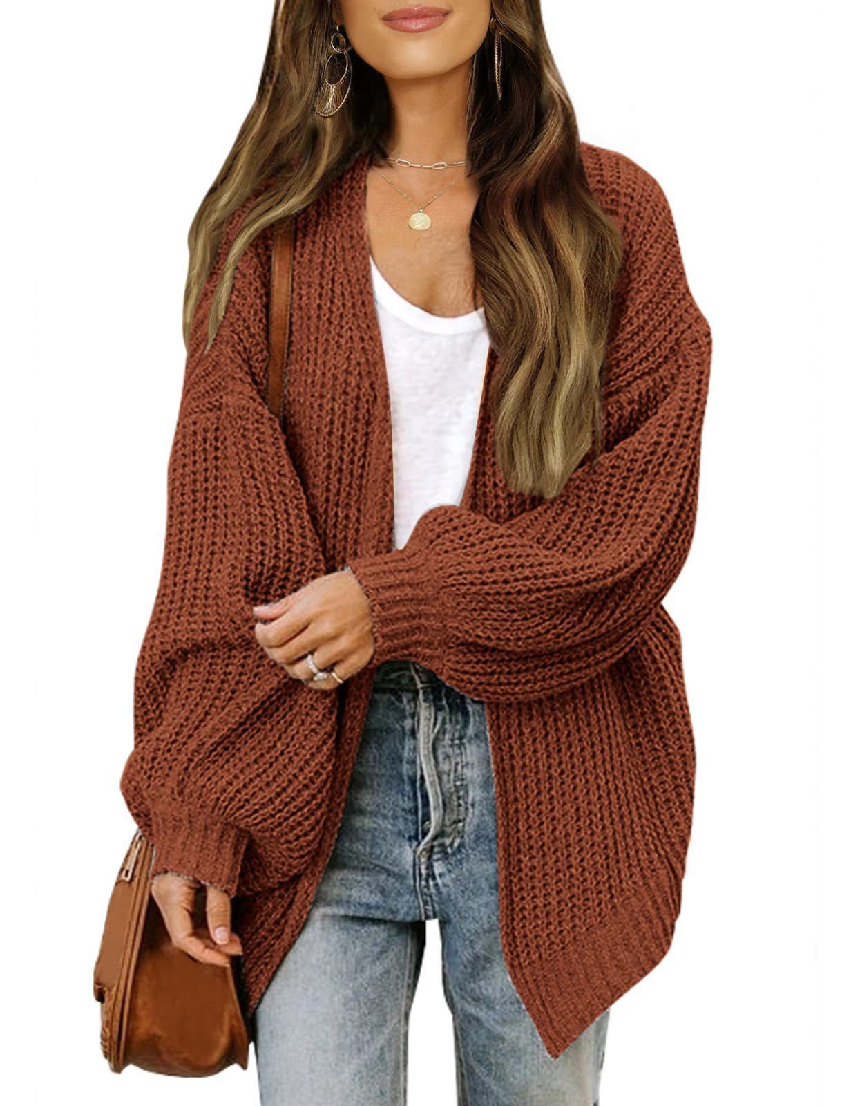 Fashion Lantern-Sleeved Sweater with Pockets – Casual Loose Knit Cardigan for Women