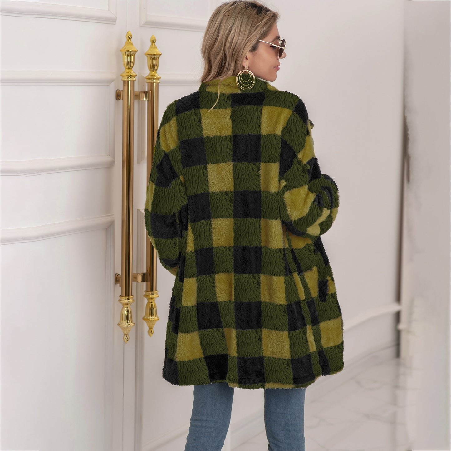 Colorblock Plaid Fleece Jacket – Fashion Single-Breasted Long Jacket for Women