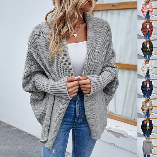 New Loose Knitted Bat Sleeve Sweater – Solid Color Large Lapel Cardigan for Women