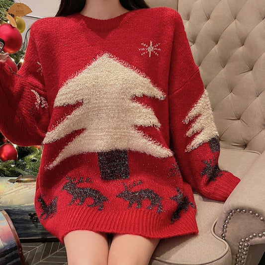 Women's Mid-Length Christmas Sweater – Loose Fit Lazy Bottoming Sweater for Holiday Comfort - ZA-ZOLA