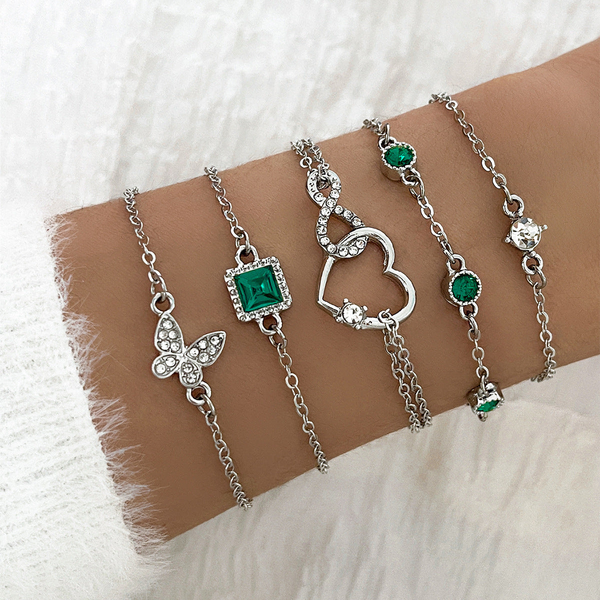 Bohemian 5pc Green Crystal Bracelets Jewelry Set For Women Heart Bracelet Wedding Engagement Bracelet Fashion Jewelry - ZA-ZOLA