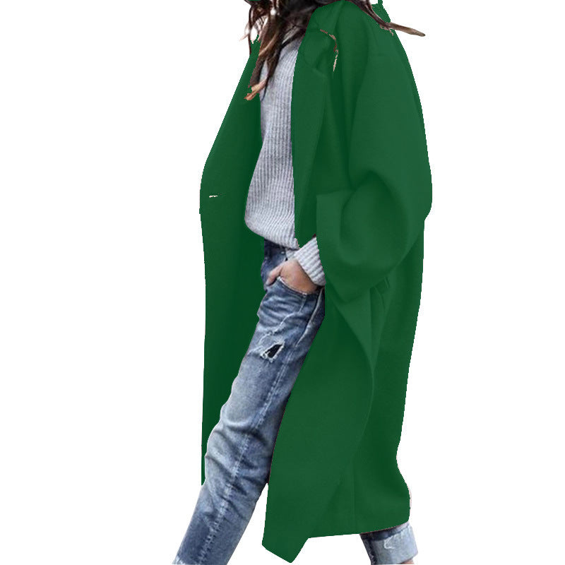 Casual Long Woolen Coat with Pockets – Women’s Solid Color Single-Breasted Lapel Winter Jacket