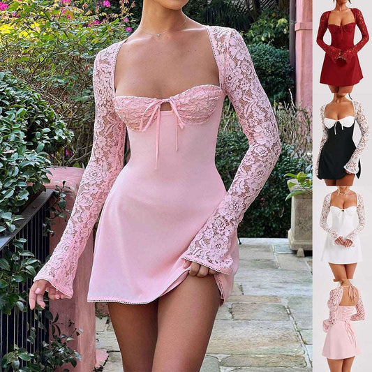 Fashion Corset Lace Long Sleeve Dress – Sexy Y2K Backless Lace-Up Short Dress for Women | UK & USA