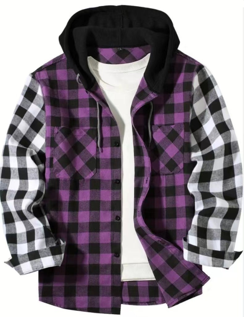 Patchwork Plaid Hooded Long-sleeved Shirt - ZA-ZOLA