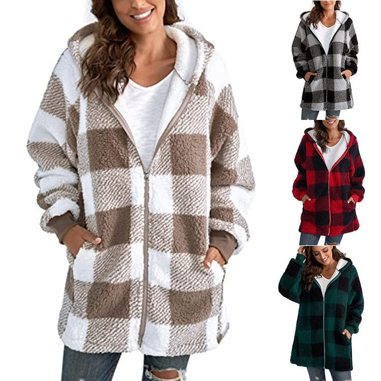 European & American Plush Women's Plaid Coat – Long-Sleeved Winter Fashion