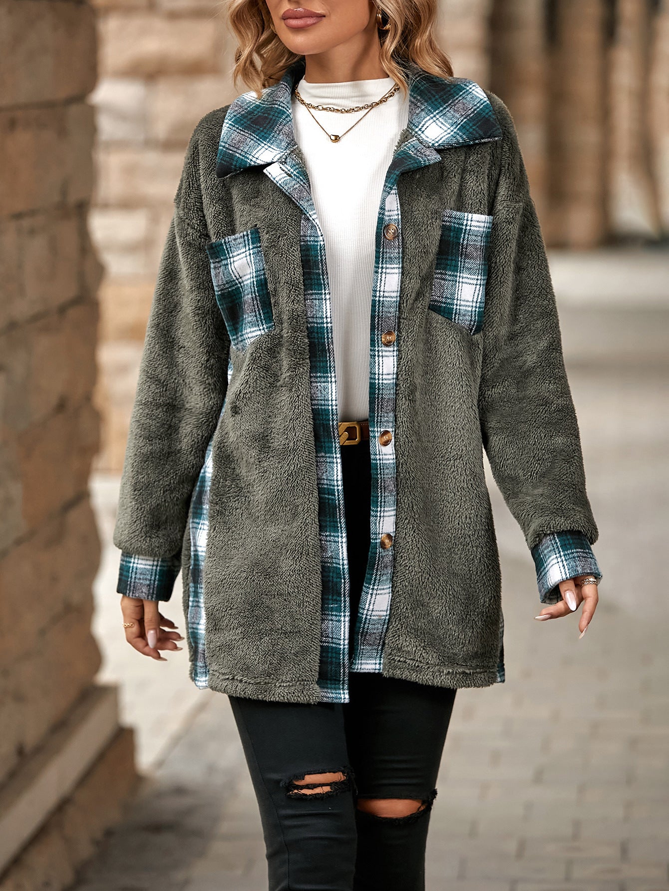 Plaid Woolen Coat for Women – Fashion Lapel Single-Breasted Mid-Length Outerwear