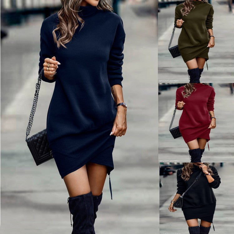 Long Sleeve High Neck Cross Short Dress – Elegant Solid Color Women’s Fashion | UK & USA