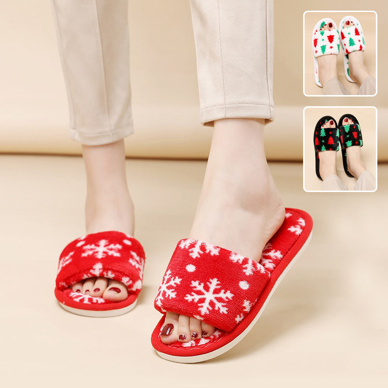 Christmas Tree Home Slippers for Women – Fashionable Open-toe Plush Slippers – Fuzzy Winter Bedroom House Shoes - ZA-ZOLA