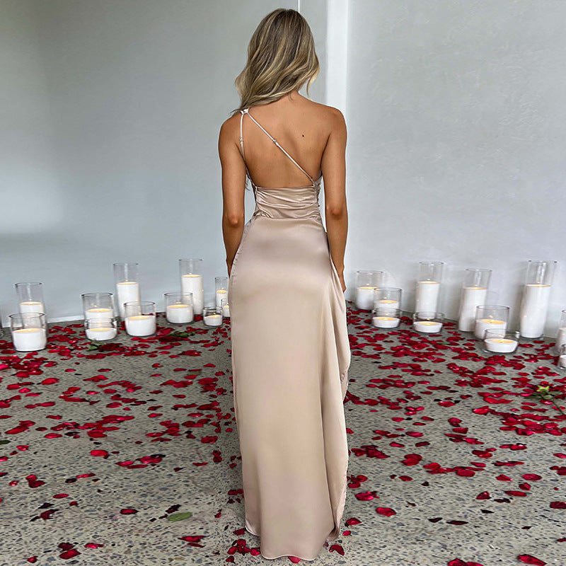 Sexy One-Shoulder Backless Slit Dress – Elegant Slim-Fit Satin Summer Outfit for Women | UK & USA Fashion