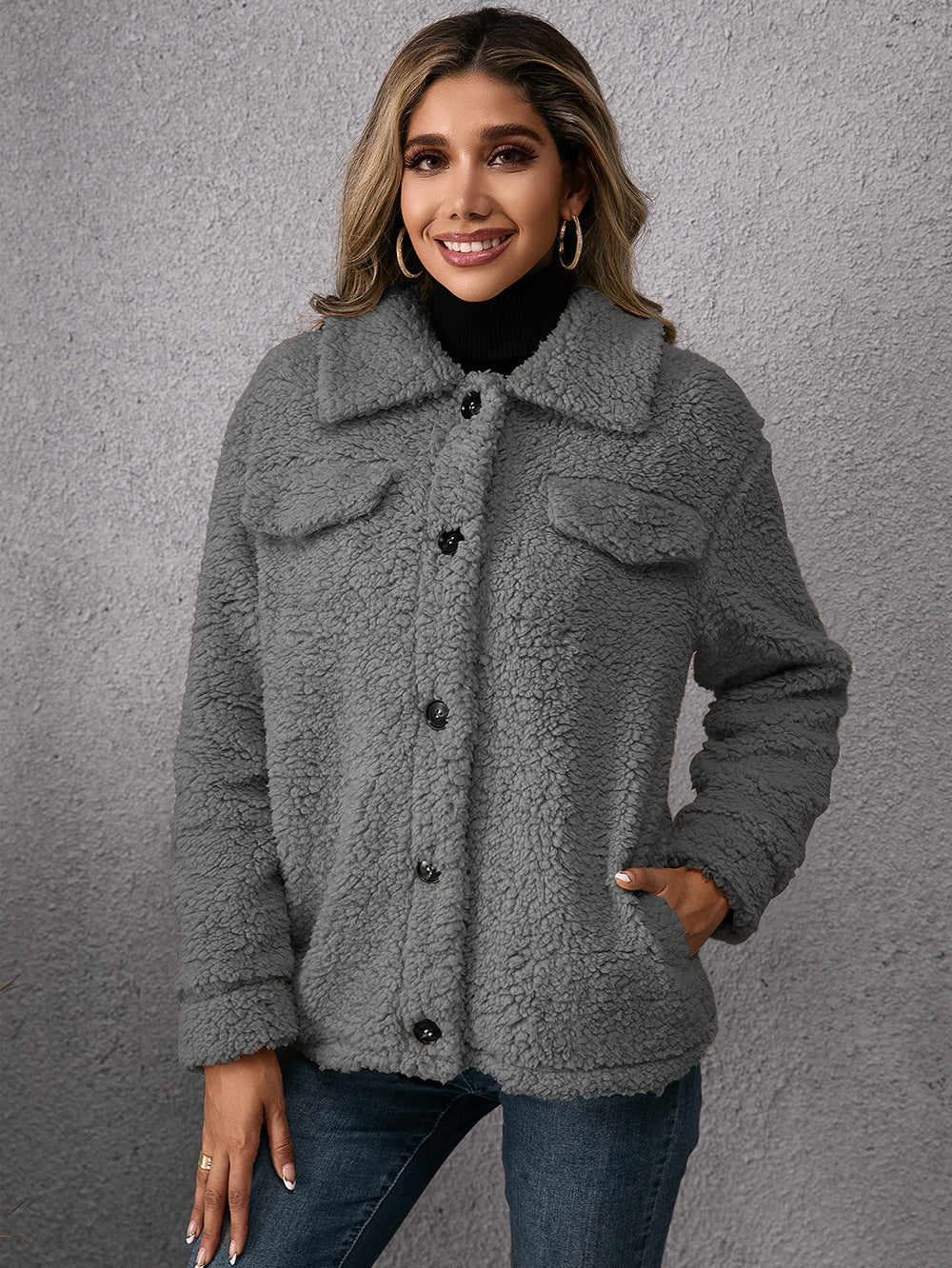 Lapel Single-Breasted Fleece Coat – Winter Warm Button Pocket Short Jacket for Women