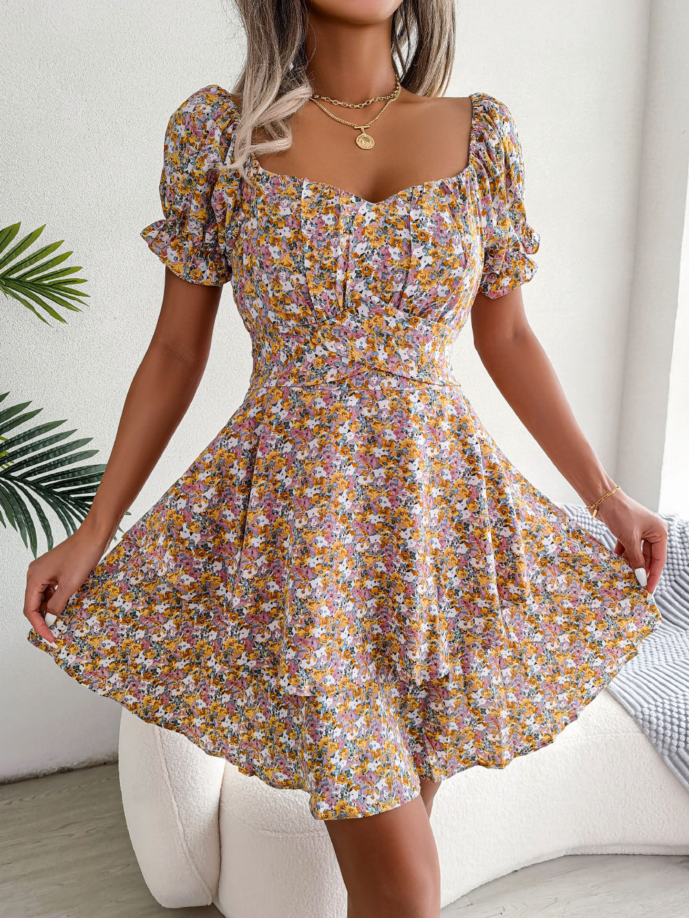 Women Mini Dress Temperament Big Swing Loose Hem Flower Print Shirring Dress Up Short Sleeves High Waist Summer Dress Clothes - ZA-ZOLA