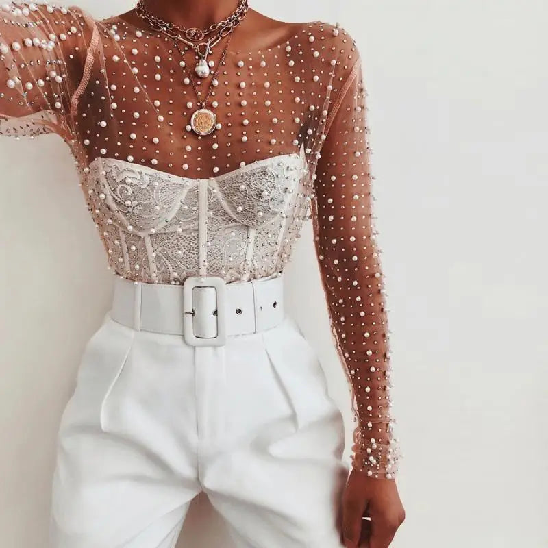 White Crop Top Women Summer Long Sleeve T-Shirt Female Sexy See Through Mesh Tees Ladies Elegant Pearl Rhinestones Slim Cover Up - ZA-ZOLA