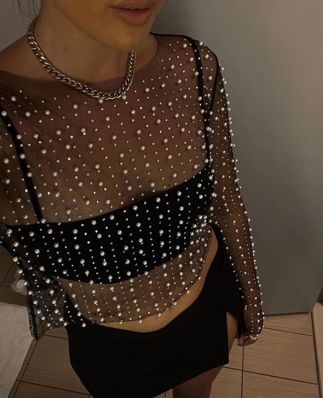 Women's Carnival Style Pearls Beaded Rhinestone Detail Sheer Mesh Crop Clubwear Cover Up Top Without Bra - ZA-ZOLA