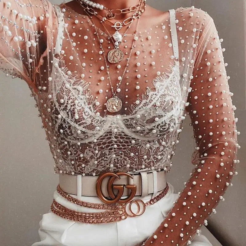 White Crop Top Women Summer Long Sleeve T-Shirt Female Sexy See Through Mesh Tees Ladies Elegant Pearl Rhinestones Slim Cover Up - ZA-ZOLA