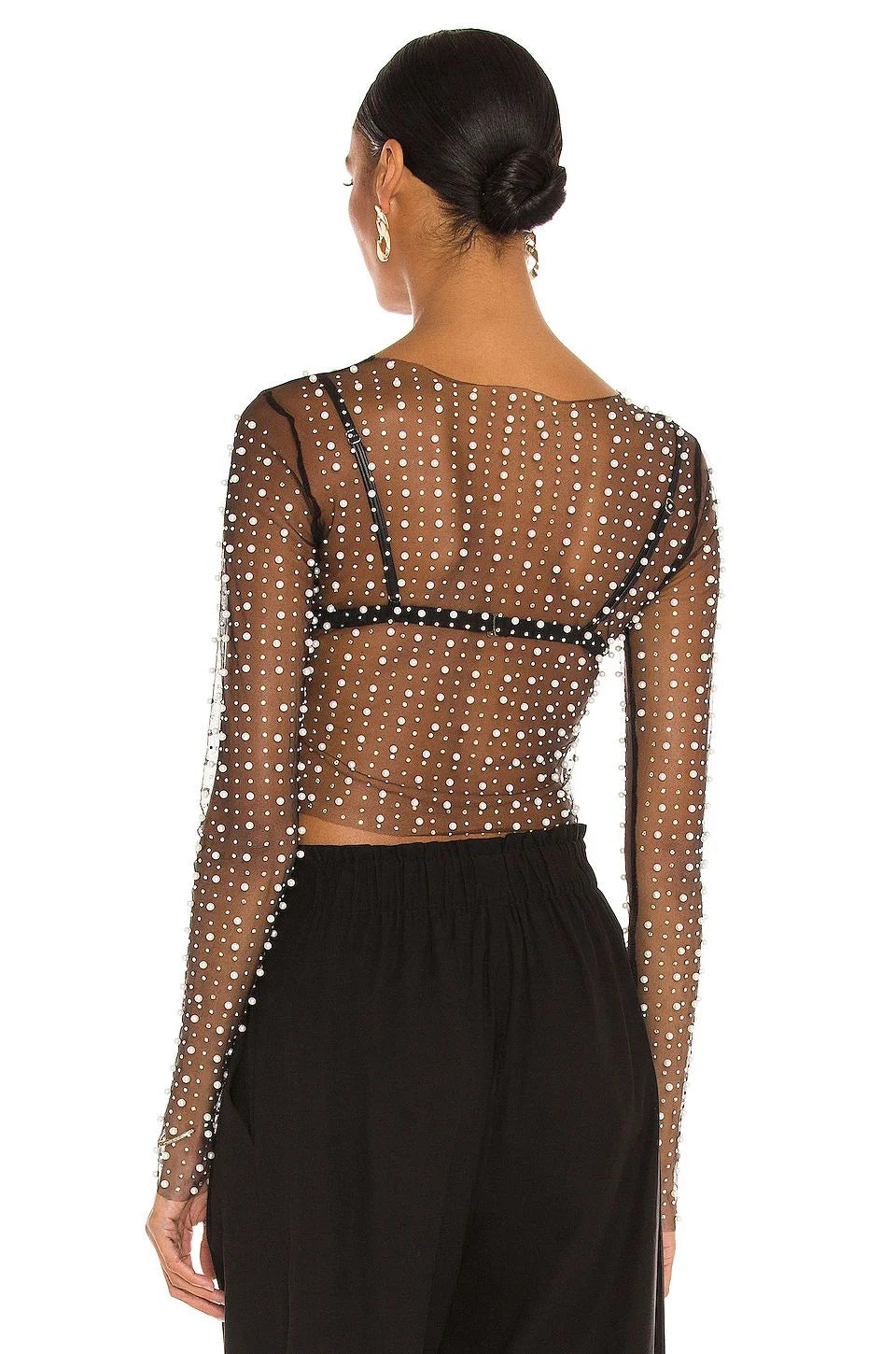 Women's Carnival Style Pearls Beaded Rhinestone Detail Sheer Mesh Crop Clubwear Cover Up Top Without Bra - ZA-ZOLA