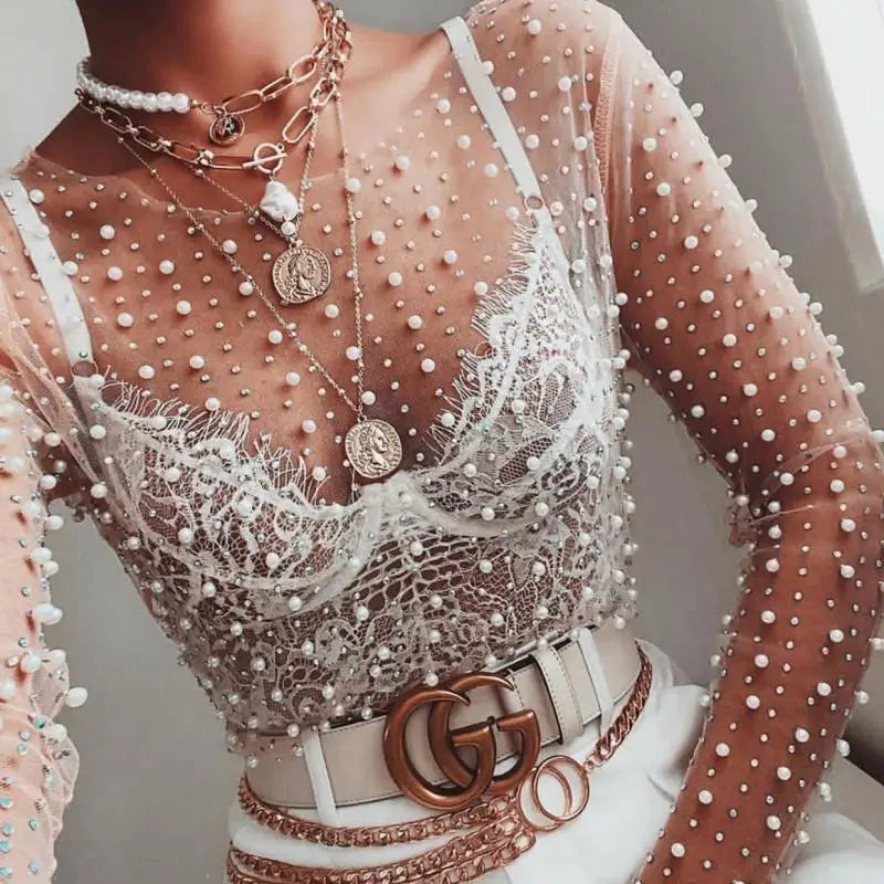 White Crop Top Women Summer Long Sleeve T-Shirt Female Sexy See Through Mesh Tees Ladies Elegant Pearl Rhinestones Slim Cover Up - ZA-ZOLA