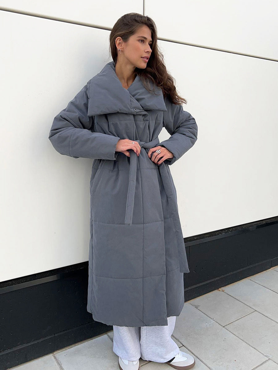 Fashion Large Lapel Long Coat – Winter Warm Cotton Jacket with Pockets & Lace-Up Design for Women