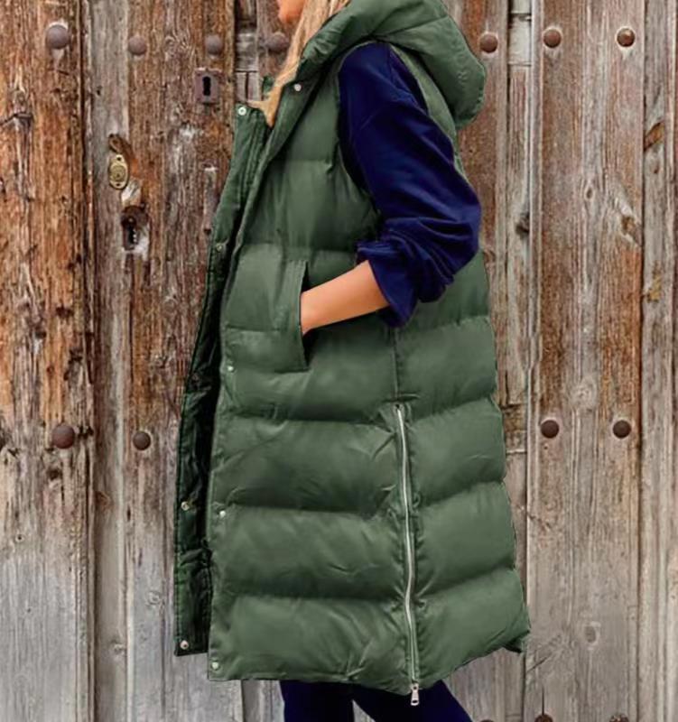 Pure Color Hooded Long Cotton Vest – Casual Women's Winter Outerwear