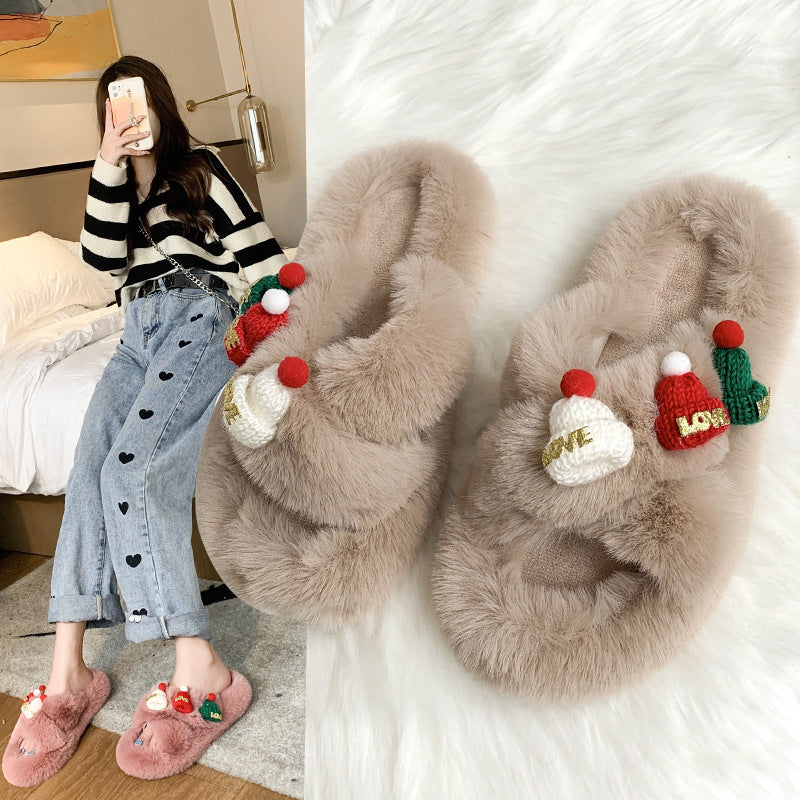 Christmas Hat Fluffy Slippers – Women's Warm Toe-Covering Cotton Slippers - ZA-ZOLA