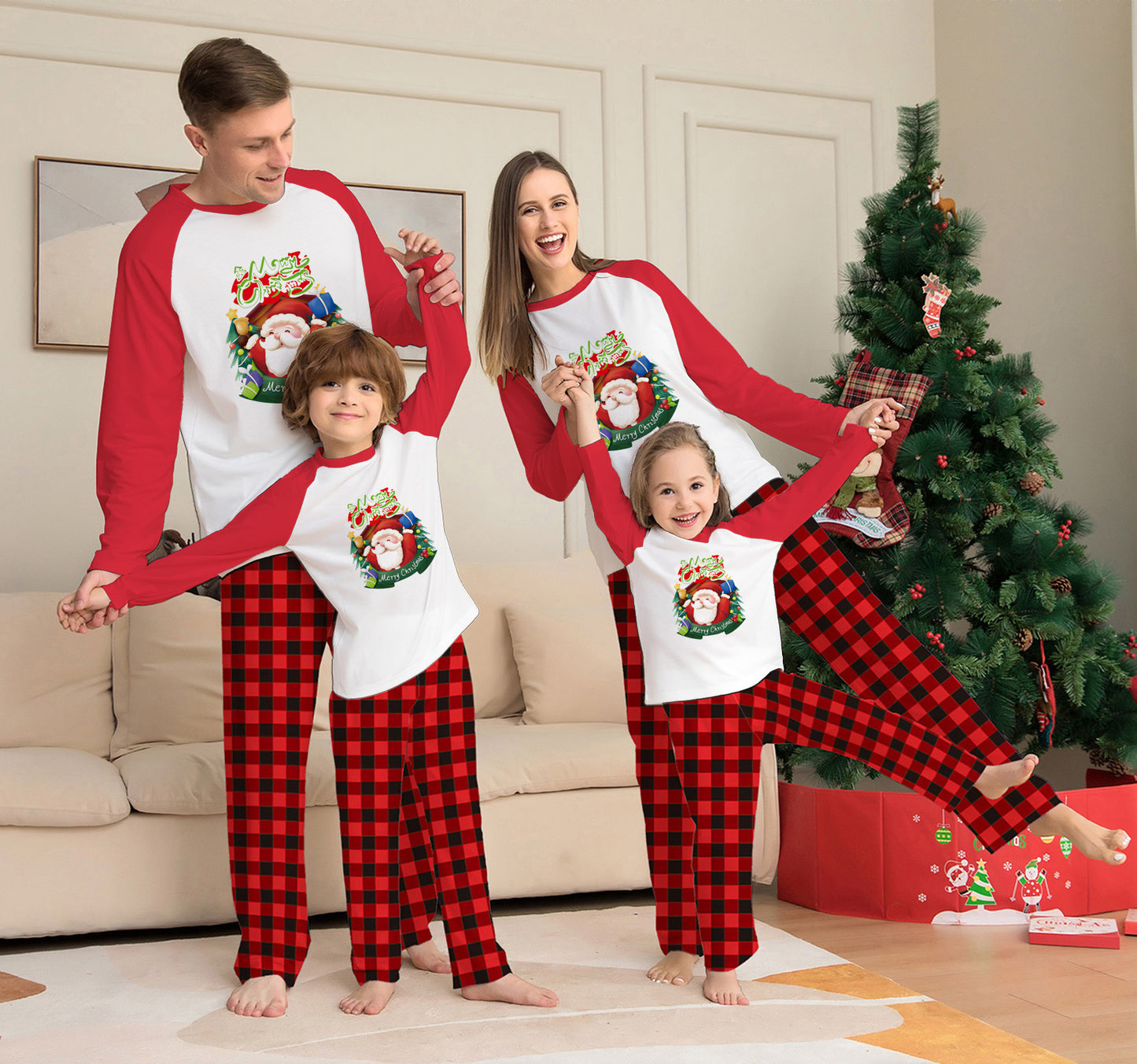 Christmas Parent-Child Matching Pajamas – Long Sleeve T-Shirt & Plaid Pants Family Set - ZA-ZOLA