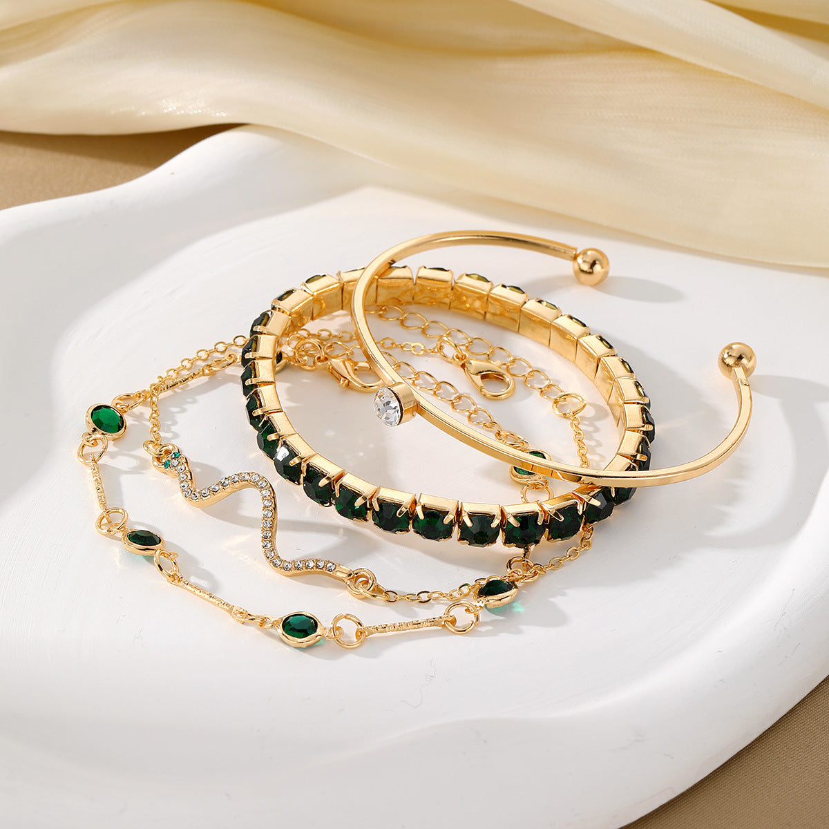 Fashion Green Grandmother Diamond Stretch Bracelet Women's 4-piece Set - ZA-ZOLA