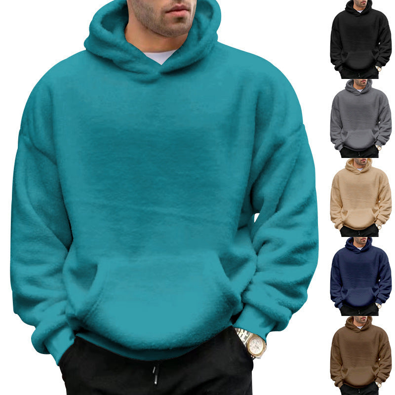 Double-Sided Velvet Hooded Sweater – Men's Plush Sweatshirt with Pockets for Winter Comfort