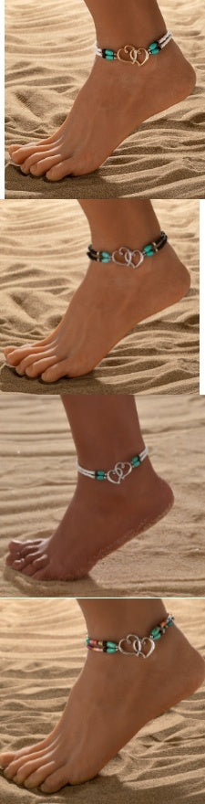 Fashion Vacation Style Alloy Double Heart Bead Turquoise Double Elastic Anklet - ZA-ZOLA