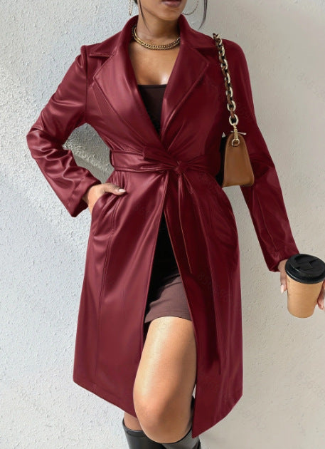 Long Sleeve Lapel PU Leather Jacket – Slim Fit Women’s Trench Coat with Pockets