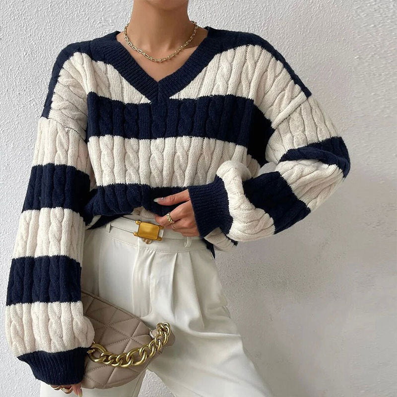 V-neck Long Sleeve Striped Women's Sweater – Versatile, Stylish, All-Matching - ZA-ZOLA