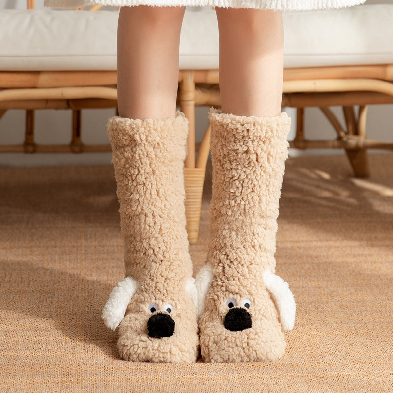 Cute Cartoon Dog Plush Floor Socks – Warm Non-Slip Winter Socks for Women - ZA-ZOLA