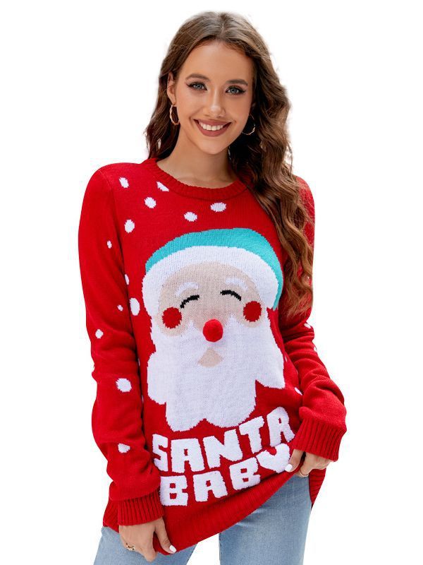 Women's Santa Pullover Sweater – Red Christmas Long Sleeve Crew Neck with Letter Embroidery - ZA-ZOLA