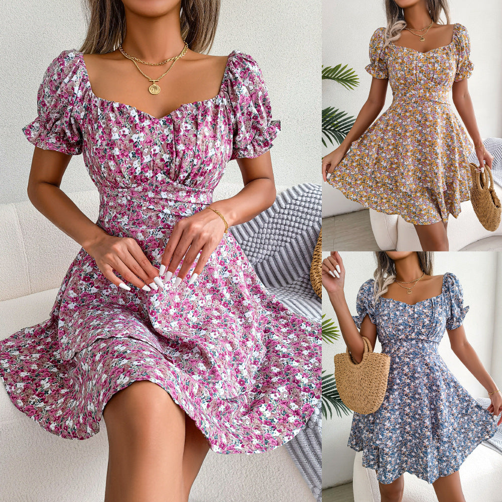 Women Mini Dress Temperament Big Swing Loose Hem Flower Print Shirring Dress Up Short Sleeves High Waist Summer Dress Clothes - ZA-ZOLA