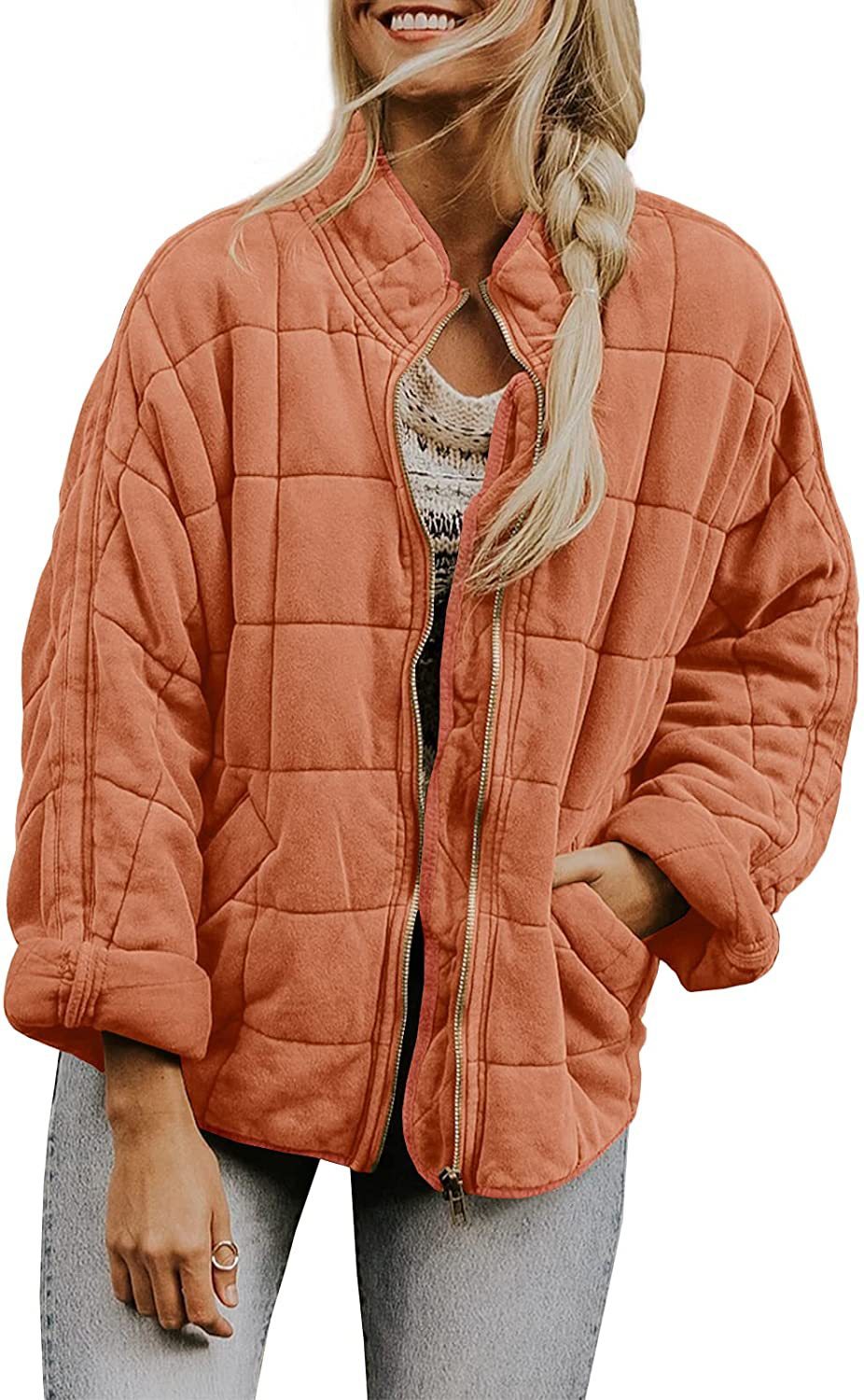 Einfarbige Baumwolljacke mit Stehkragen und weiten Taschen – Langärmlige Winteroberbekleidung für Damen