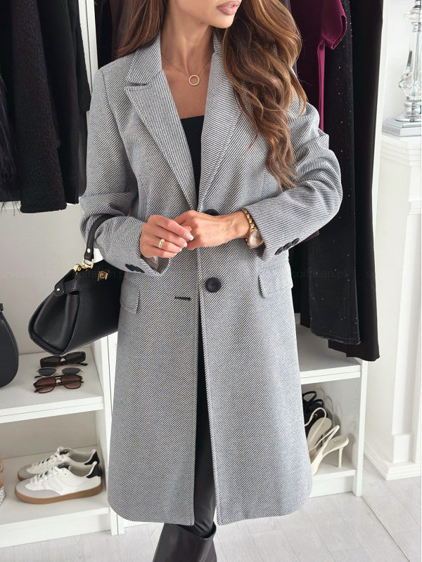 Lapel Single-Breasted Wool Coat – Women’s Solid Color Long Winter Jacket